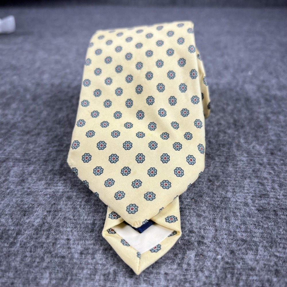 Lands' End Tie Mens One Size Yellow Floral 100% Silk Handsewn USA Necktie